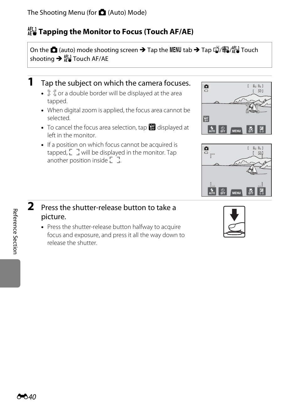 E40), R tapping the monitor to focus (touch af/ae), Tap the subject on which the camera focuses | Press the shutter-release button to take a picture | Nikon S4200 User Manual | Page 148 / 224