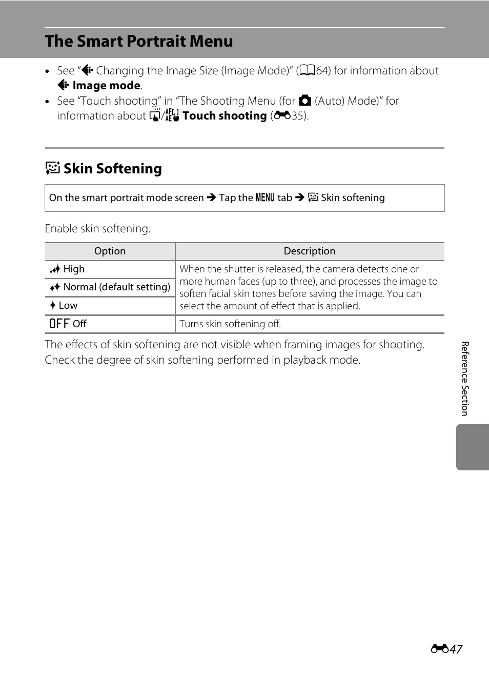 The smart portrait menu, Skin softening, E skin softening | Nction, E47) | Nikon S4200 User Manual | Page 155 / 224