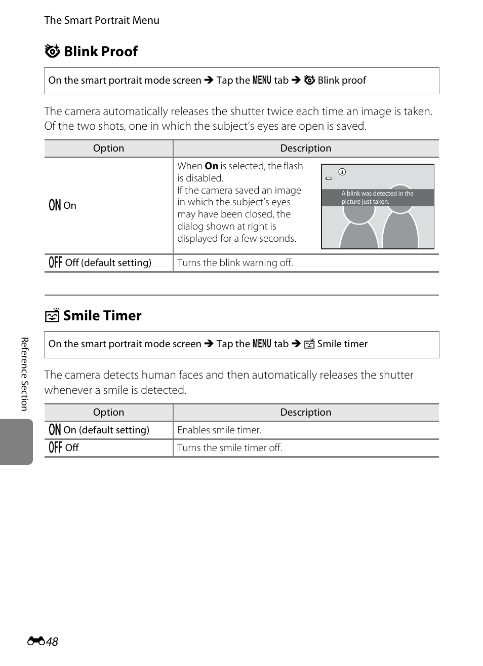 Blink proof, Smile timer, Y blink proof | A smile timer | Nikon S4200 User Manual | Page 156 / 224