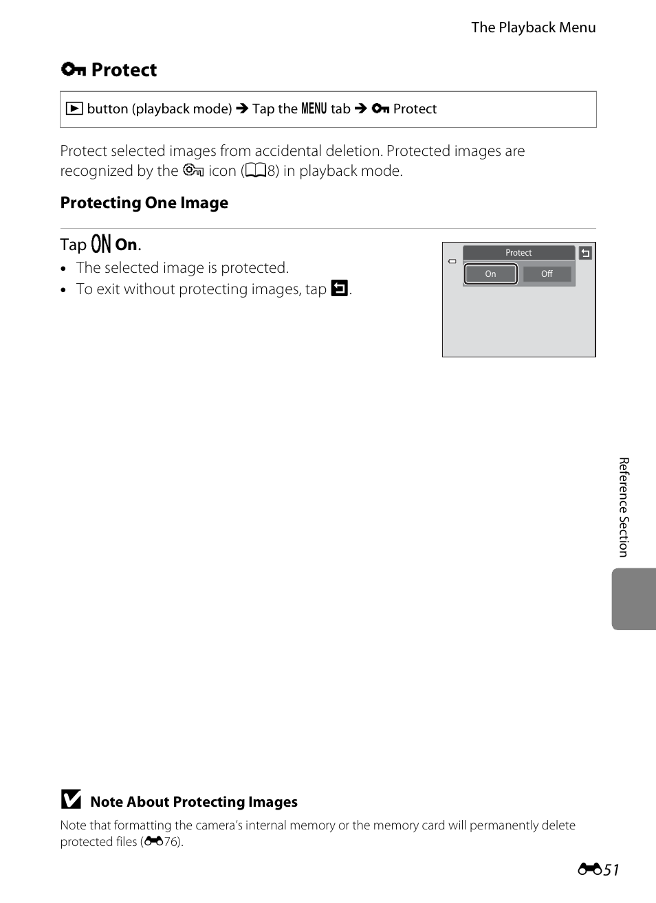 Protect, D protect, S (e51) | Protecting one image tap o on | Nikon S4200 User Manual | Page 159 / 224