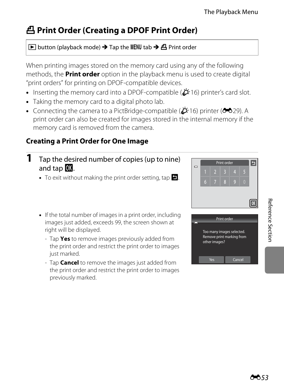 Print order (creating a dpof print order), A print order (creating a dpof print order), E53) | Creating a print order for one image | Nikon S4200 User Manual | Page 161 / 224