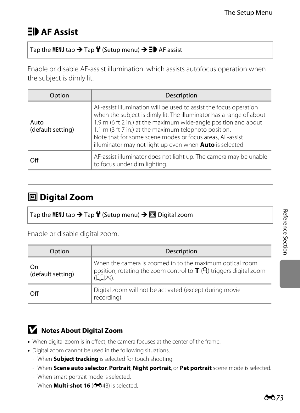 Af assist, Digital zoom, H af assist | U digital zoom, E73) | Nikon S4200 User Manual | Page 181 / 224