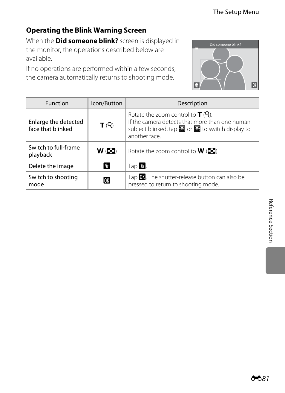 E “operating the blink warning screen, E81), Operating the blink warning screen | Nikon S4200 User Manual | Page 189 / 224