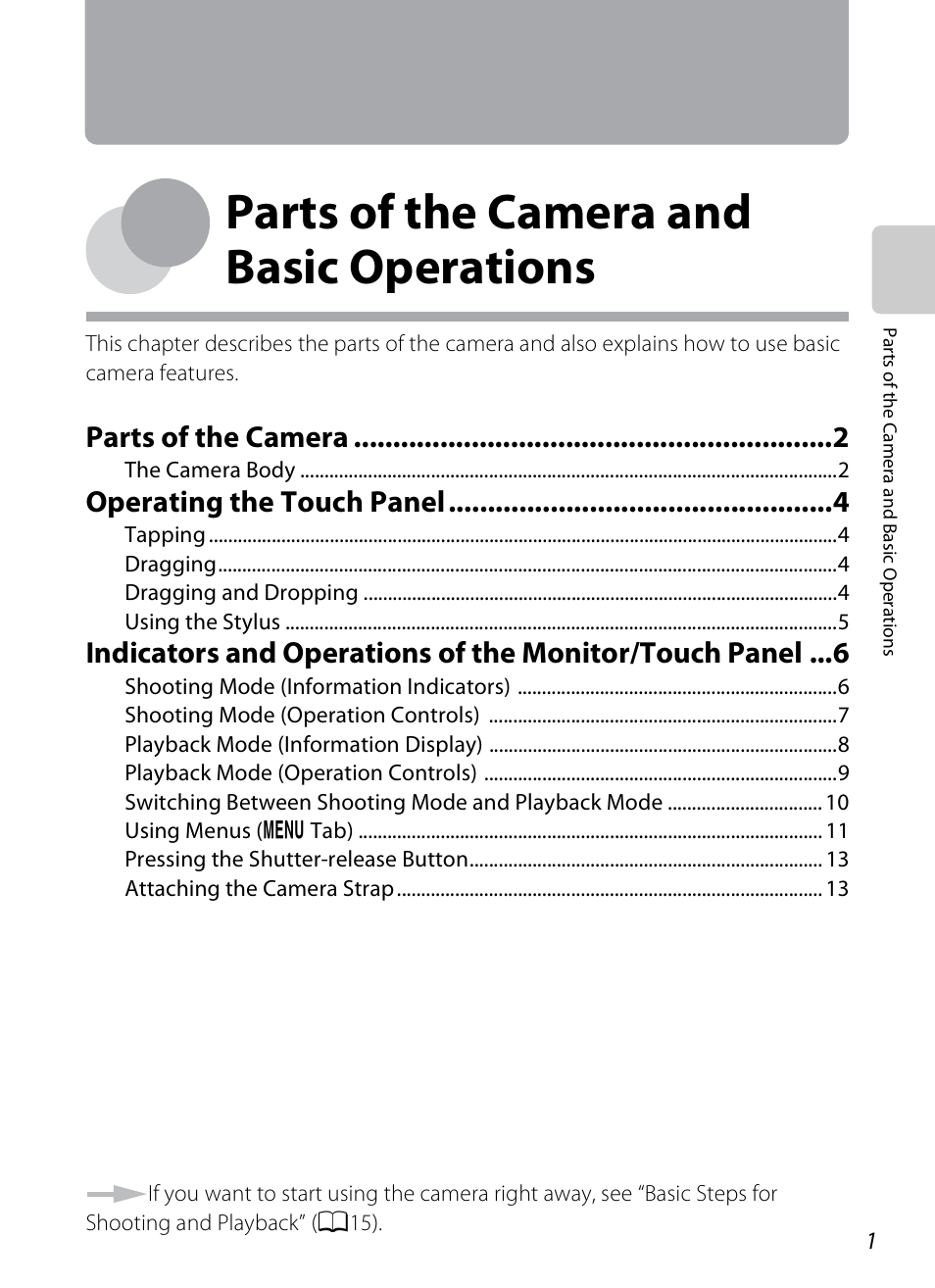 Parts of the camera and basic operations, E “parts of the camera and basic operations, Parts of the camera | Operating the touch panel | Nikon S4200 User Manual | Page 19 / 224