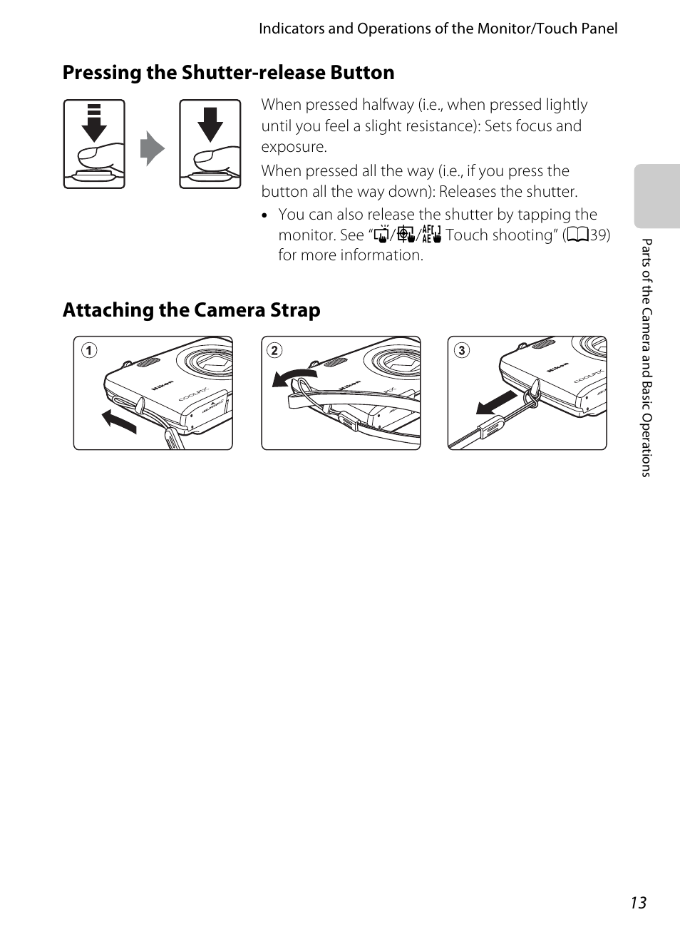 Pressing the shutter-release button, Attaching the camera strap, 13 attaching the camera strap | Nikon S4200 User Manual | Page 31 / 224