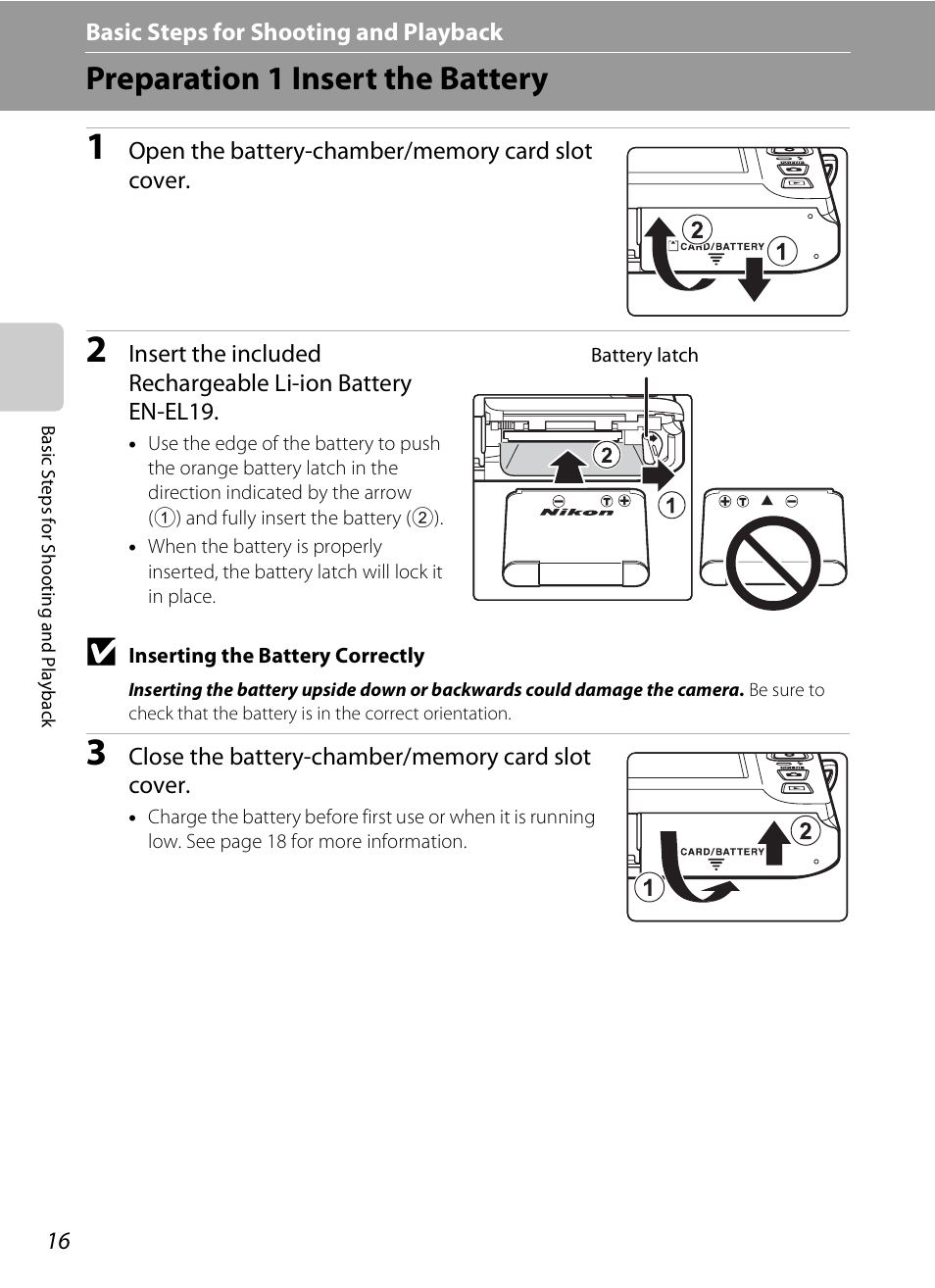 Preparation 1 insert the battery | Nikon S4200 User Manual | Page 34 / 224