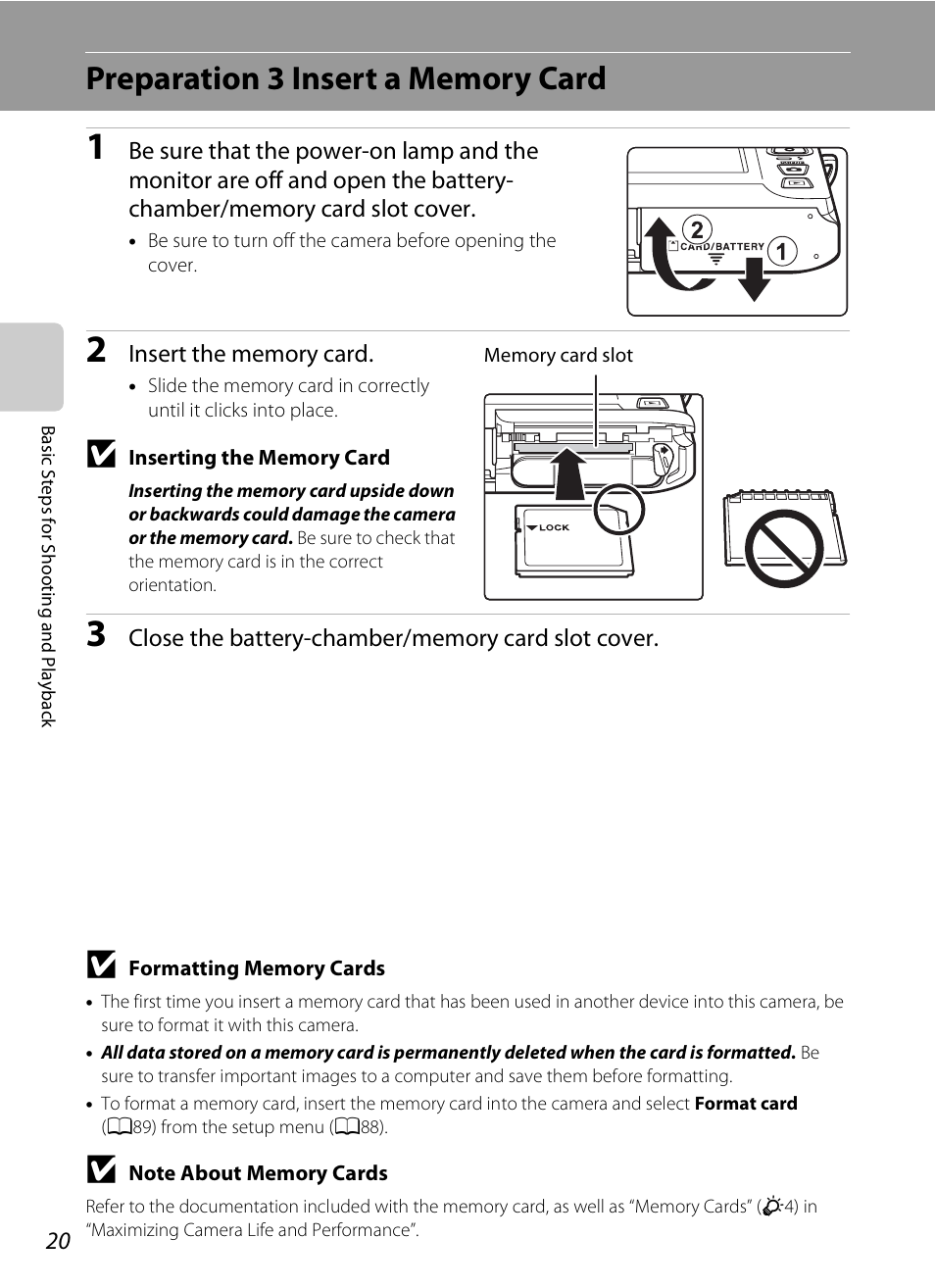 Preparation 3 insert a memory card | Nikon S4200 User Manual | Page 38 / 224