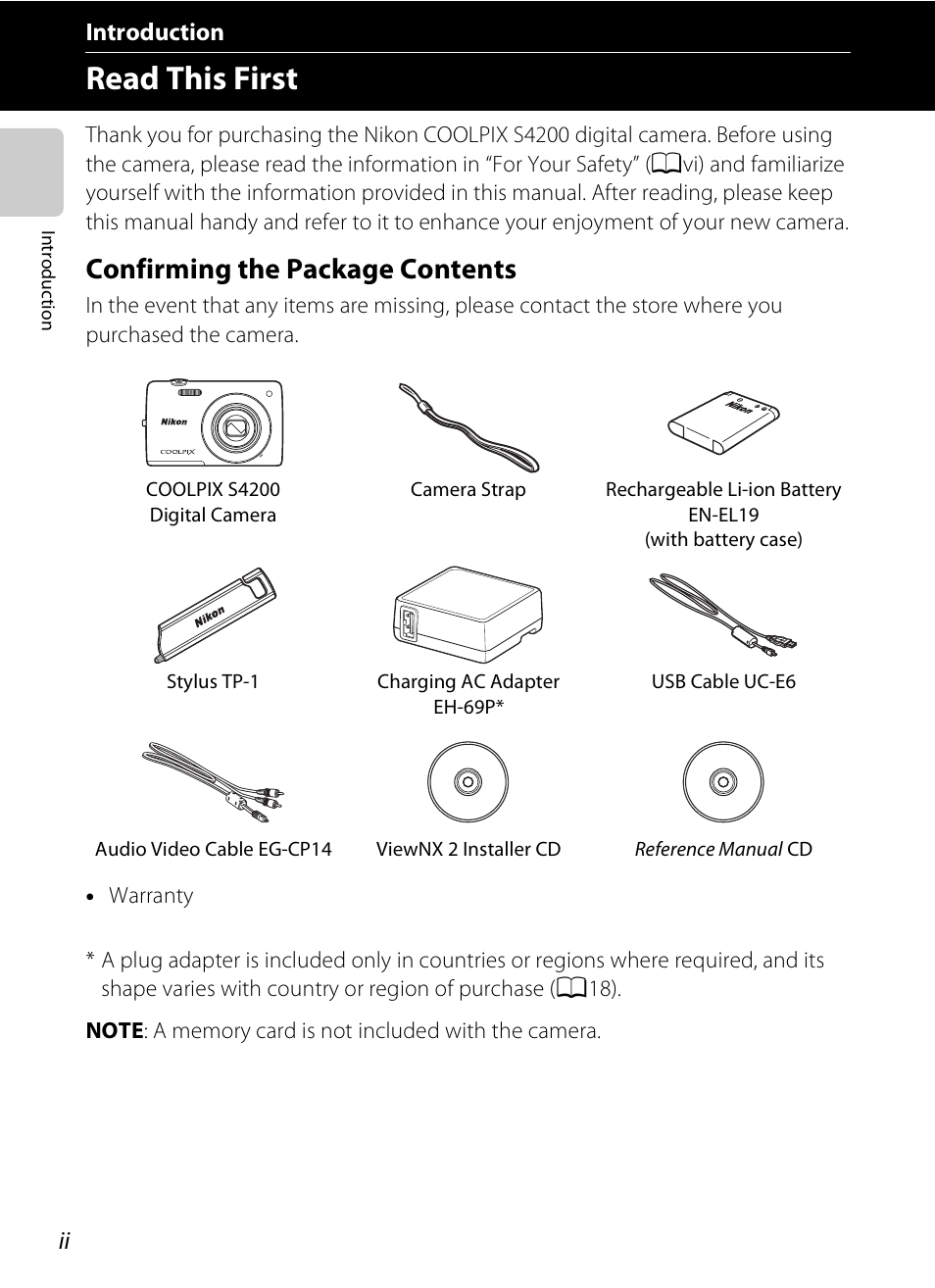 Introduction, Read this first, Confirming the package contents | Nikon S4200 User Manual | Page 4 / 224