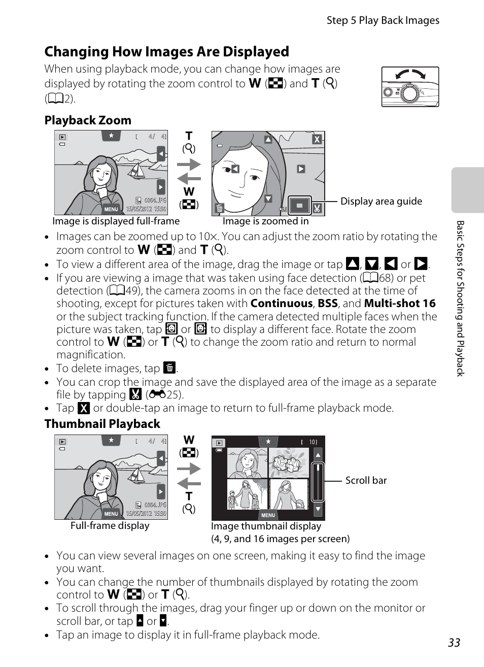Changing how images are displayed, A33), Playback zoom | Thumbnail playback | Nikon S4200 User Manual | Page 51 / 224