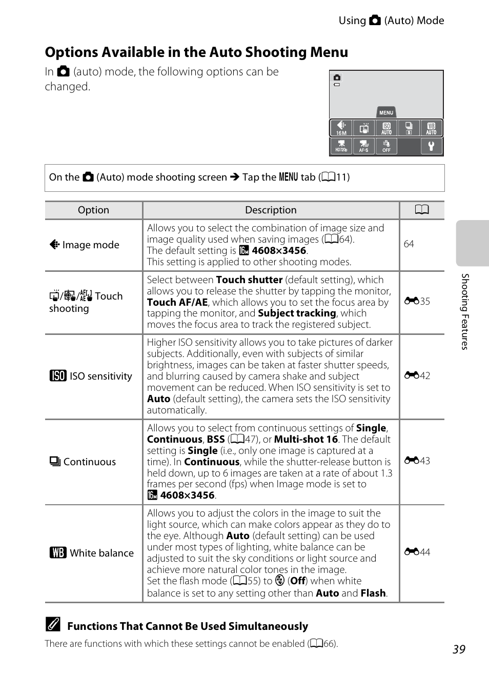 Options available in the auto shooting menu, A39) to, A39) | E “options available in the auto shooting menu | Nikon S4200 User Manual | Page 57 / 224