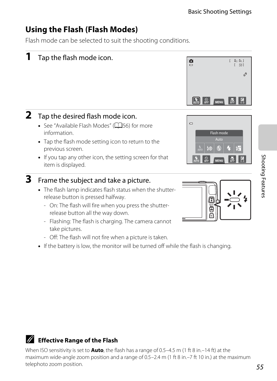 Using the flash (flash modes), A55), A55) to | Tap the flash mode icon, Tap the desired flash mode icon, Frame the subject and take a picture | Nikon S4200 User Manual | Page 73 / 224
