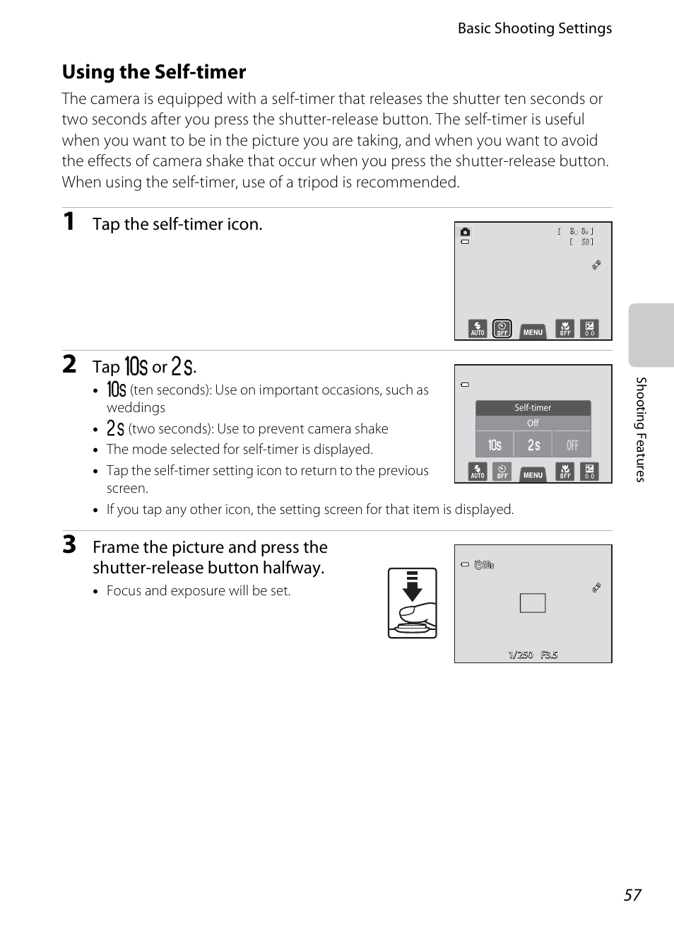 Using the self-timer, A57), Tap the self-timer icon | Tap y or z | Nikon S4200 User Manual | Page 75 / 224