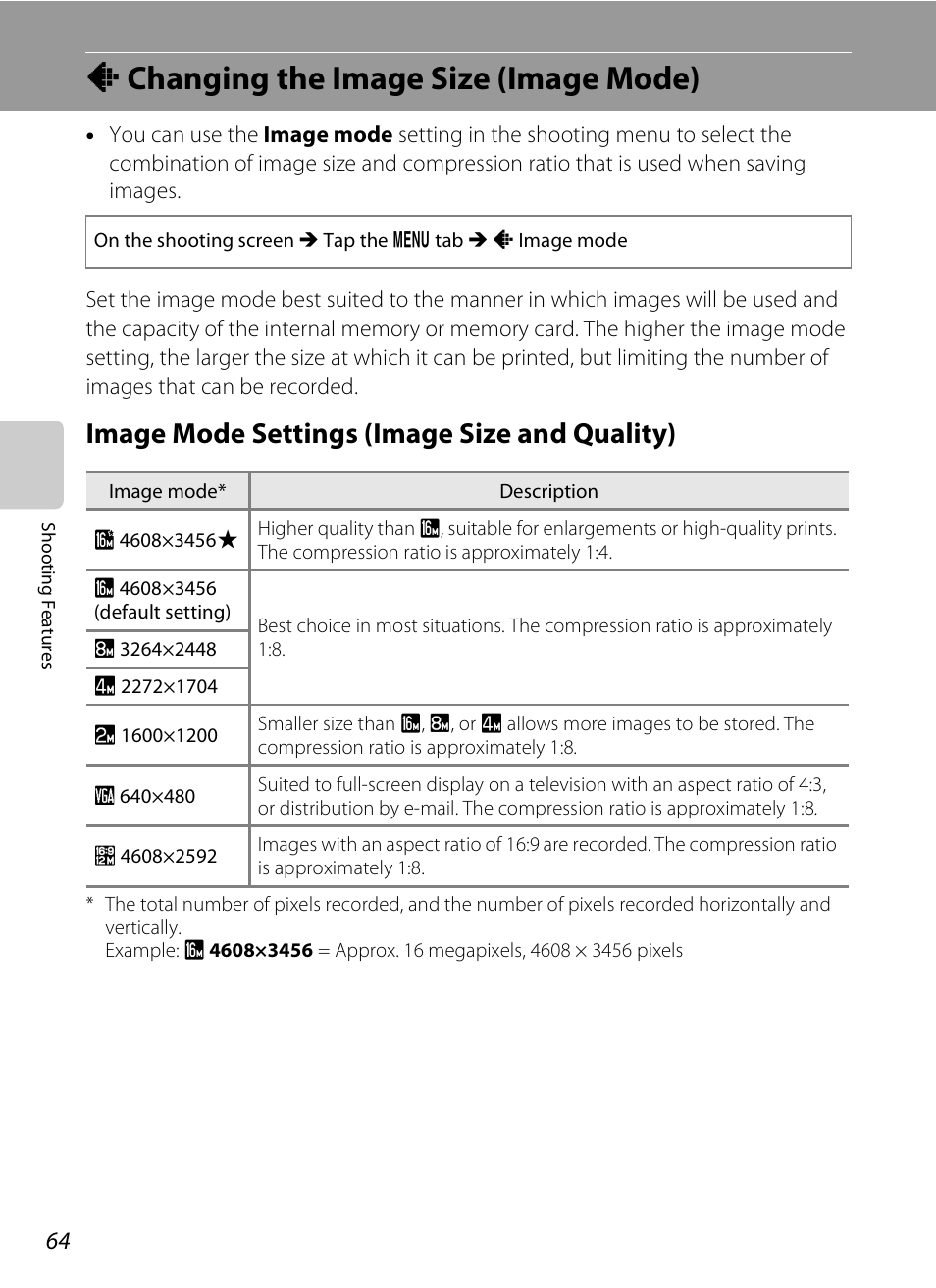 Changing the image size (image mode), Image mode settings (image size and quality), A changing the image size (image mode) | A64) | Nikon S4200 User Manual | Page 82 / 224