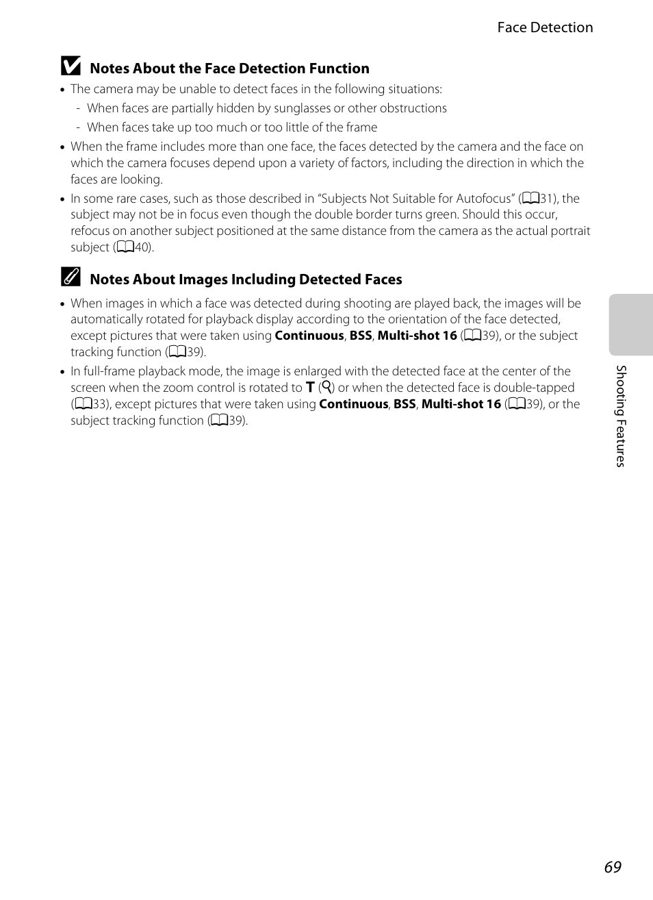 See “notes about the face detection function, A69) for m | Nikon S4200 User Manual | Page 87 / 224