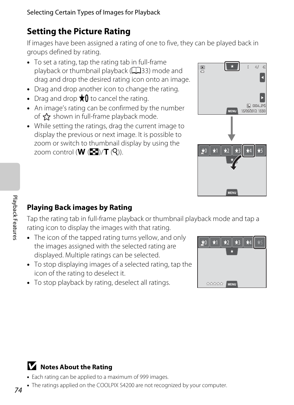 Setting the picture rating, Playing back images by rating | Nikon S4200 User Manual | Page 92 / 224