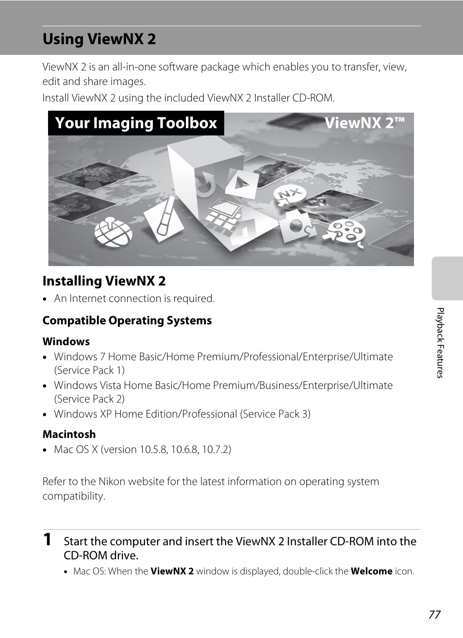 Using viewnx 2, Installing viewnx 2, A77) | Your imaging toolbox viewnx 2 | Nikon S4200 User Manual | Page 95 / 224