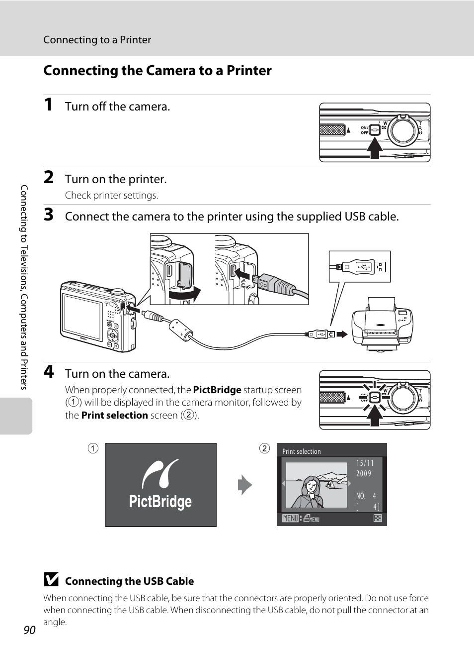 Connecting the camera to a printer, A 90) | Nikon S1000pj User Manual | Page 102 / 184