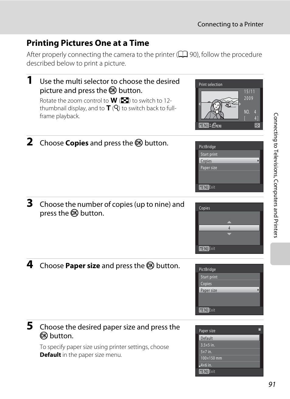 Printing pictures one at a time, A 91, Choose copies and press the k button | Choose paper size and press the k button | Nikon S1000pj User Manual | Page 103 / 184
