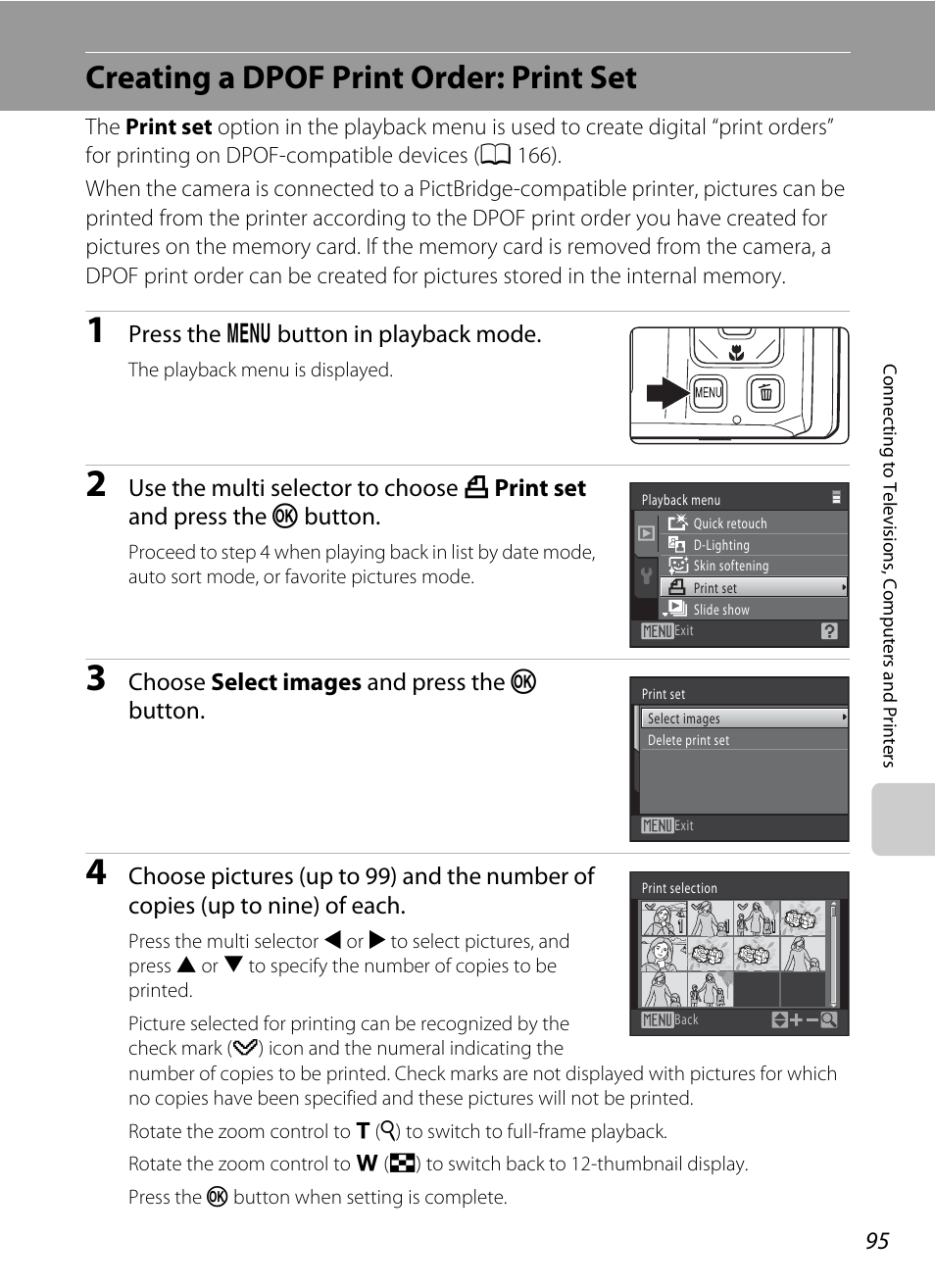 Creating a dpof print order: print set, A 95, Nu (a 95) | A 95), Press the d button in playback mode, Choose select images and press the k button | Nikon S1000pj User Manual | Page 107 / 184