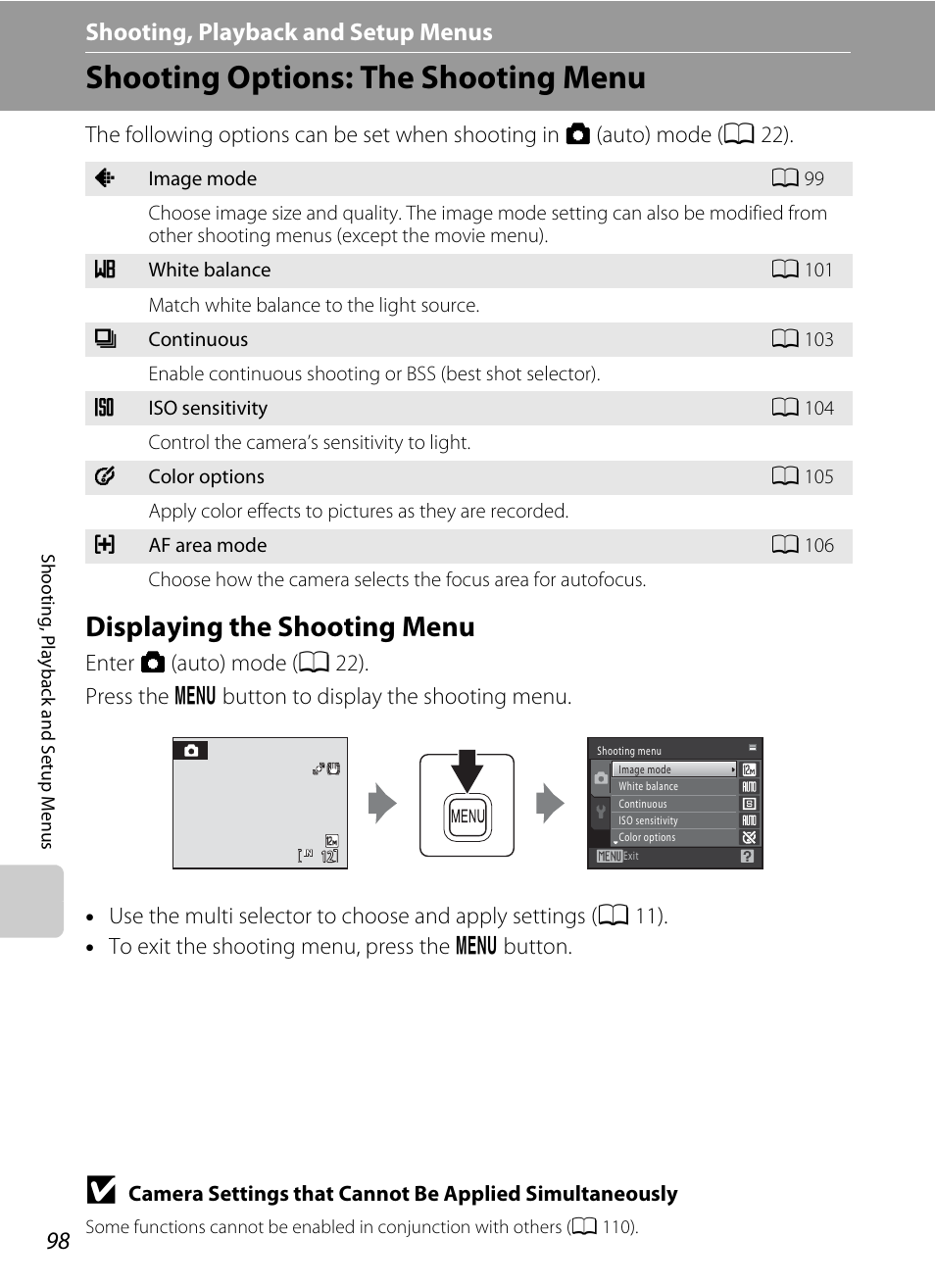 Shooting, playback and setup menus, Shooting options: the shooting menu, Displaying the shooting menu | D shooting, playback and setup menus, S (a 98) | Nikon S1000pj User Manual | Page 110 / 184