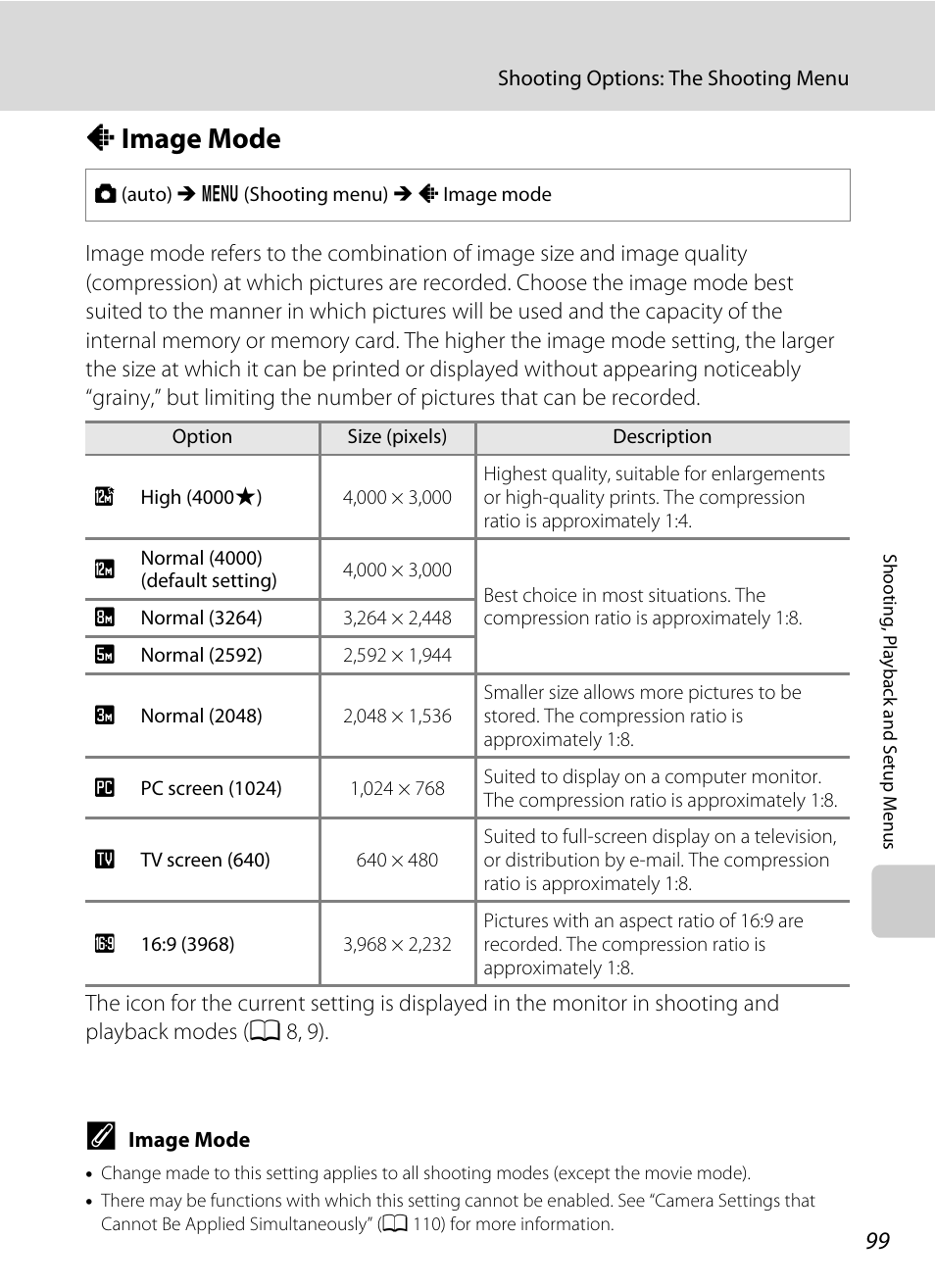 Image mode, A image mode, A 99) | A 99) ca, A 99, Aimage mode | Nikon S1000pj User Manual | Page 111 / 184