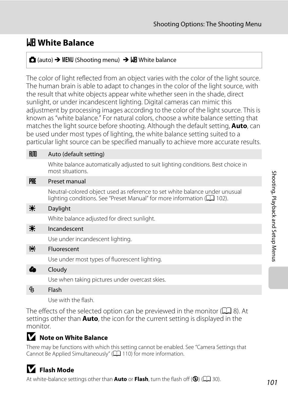 White balance, B white balance, A 101) | A 101, Bwhite balance | Nikon S1000pj User Manual | Page 113 / 184