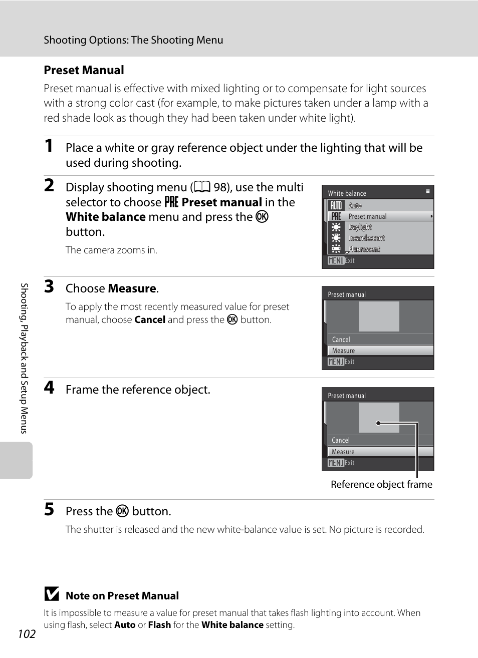 Preset manual” for more, A 102), Preset manual | Choose measure, Frame the reference object, Press the k button | Nikon S1000pj User Manual | Page 114 / 184