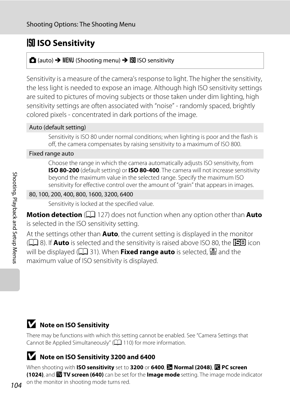 Iso sensitivity, E iso sensitivity, A 104 | Eiso sensitivity | Nikon S1000pj User Manual | Page 116 / 184