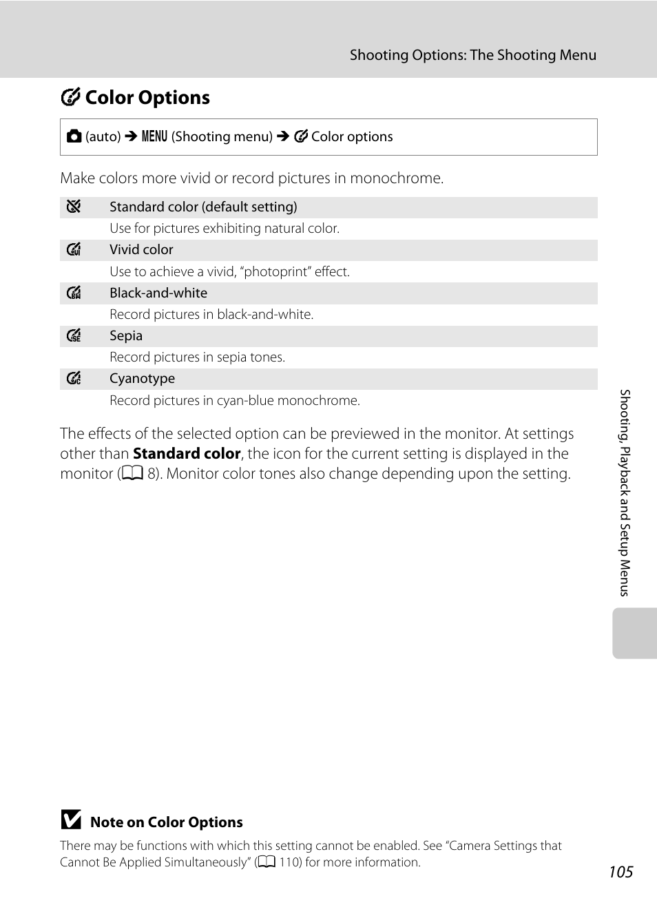 Color options, F color options, A 105 | Fcolor options | Nikon S1000pj User Manual | Page 117 / 184
