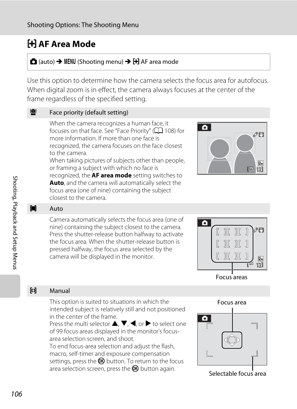 Af area mode, G af area mode, A 106) and | A 106). press th, A 106), A 106). press, A 106) to, A 106, Gaf area mode | Nikon S1000pj User Manual | Page 118 / 184