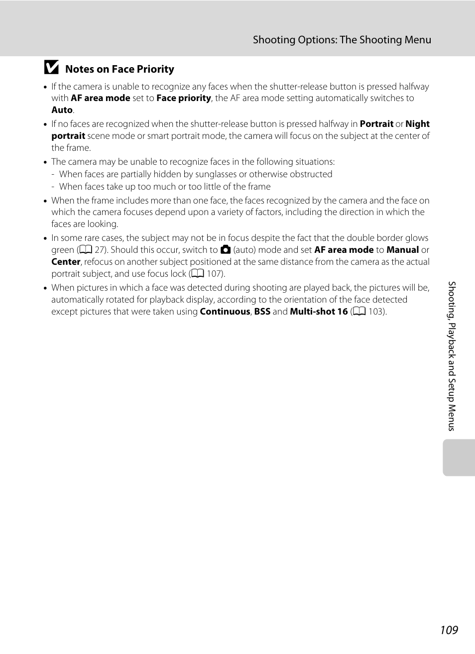Notes on face priority, A 109) | Nikon S1000pj User Manual | Page 121 / 184