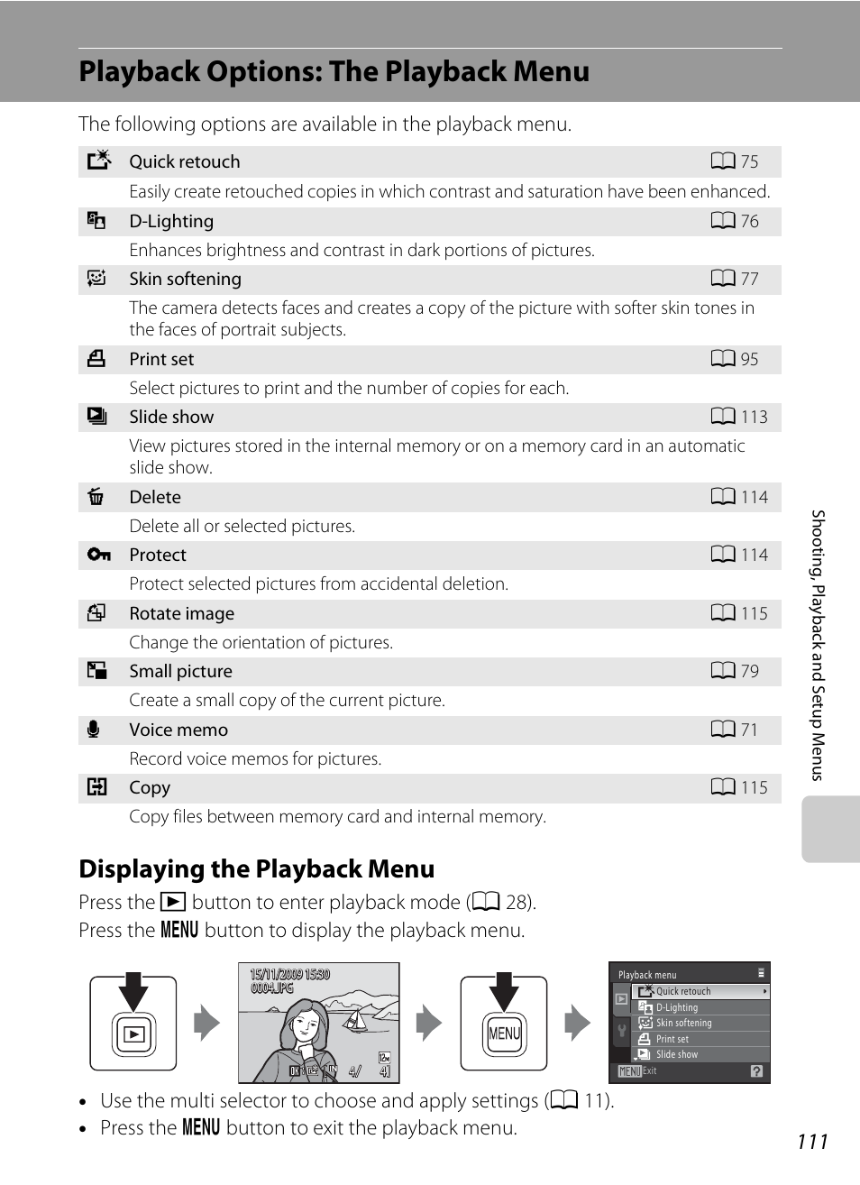Playback options: the playback menu, Displaying the playback menu, A 111) | Nikon S1000pj User Manual | Page 123 / 184