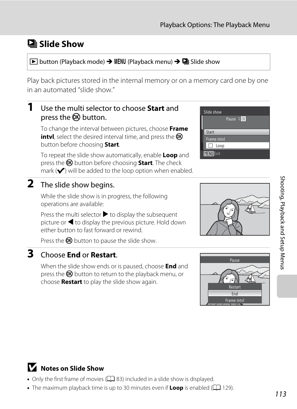 Slide show, B slide show, A 113 | Bslide show, The slide show begins, Choose end or restart | Nikon S1000pj User Manual | Page 125 / 184