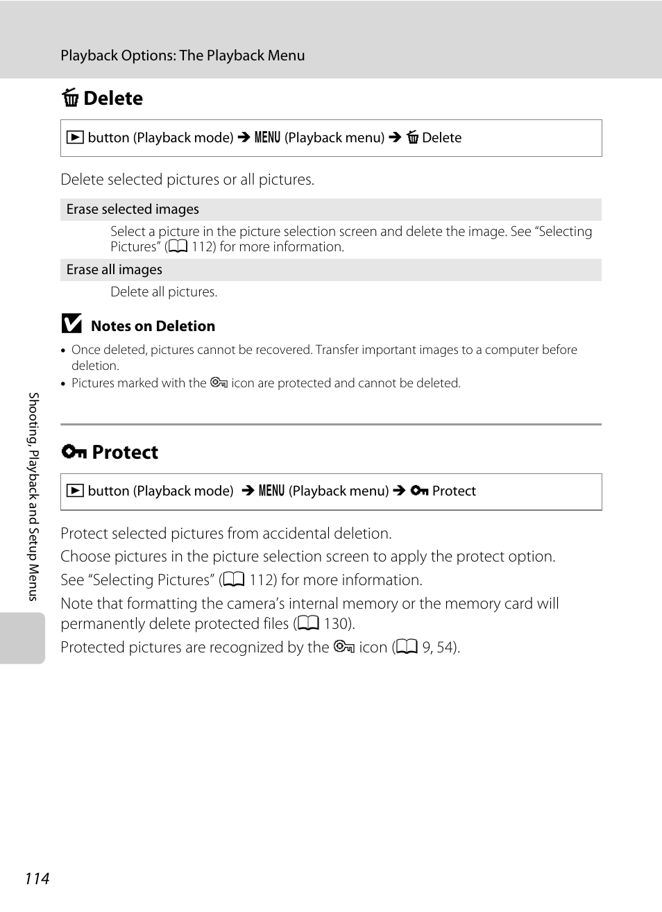 Delete, Protect, C delete d protect | A 114), A 114, Played back in f, Cdelete, Dprotect | Nikon S1000pj User Manual | Page 126 / 184