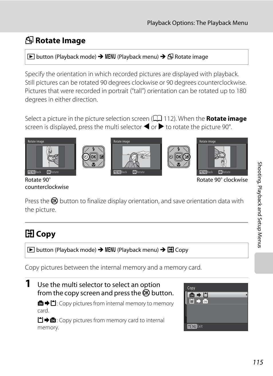 Rotate image, Copy, F rotate image h copy | A 115, A 115) cannot be, A 115) to, A 115), Frotate image, Hcopy | Nikon S1000pj User Manual | Page 127 / 184