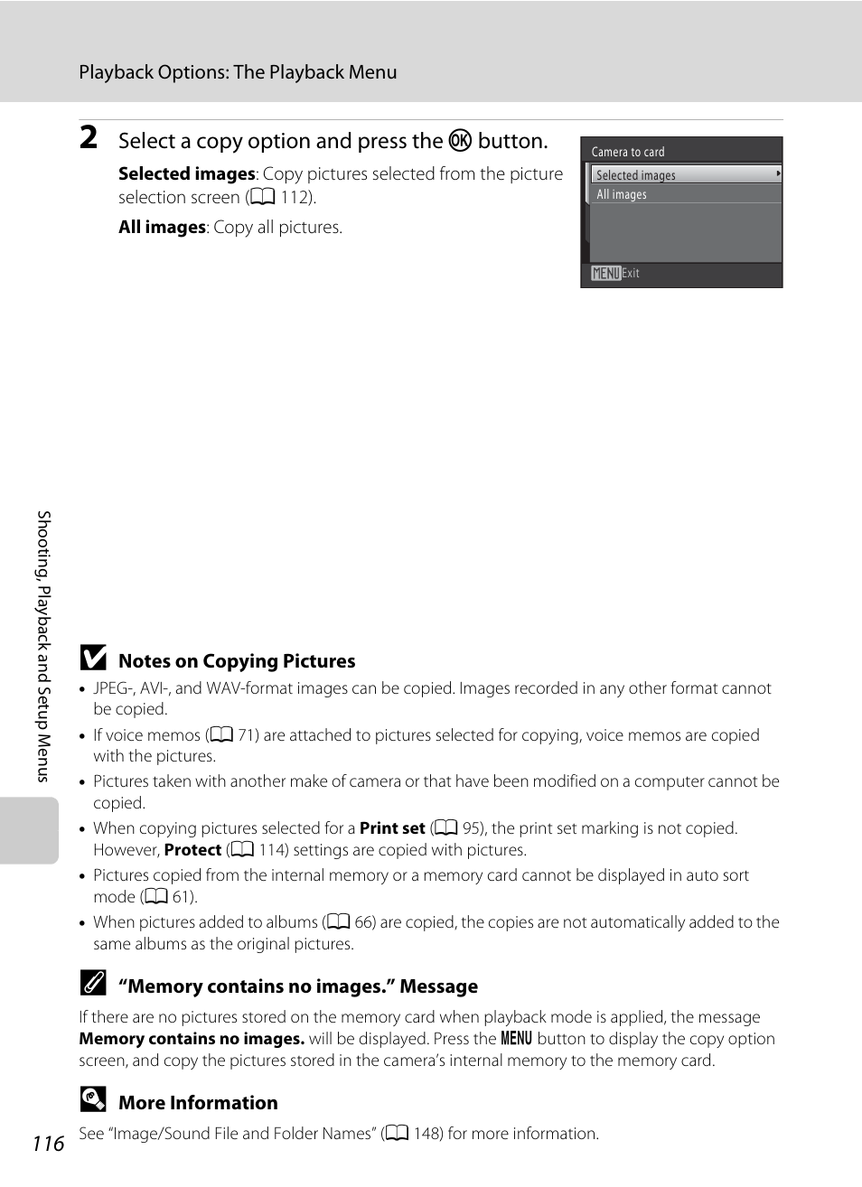 Select a copy option and press the k button | Nikon S1000pj User Manual | Page 128 / 184