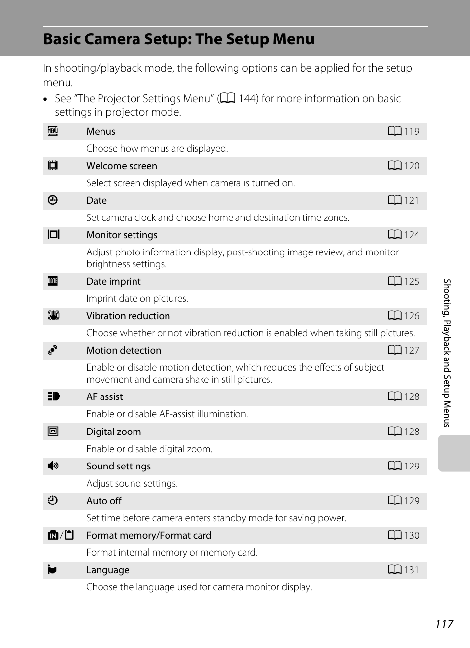 Basic camera setup: the setup menu, A 117), Nu (a 117) to | Nu (a 117), A 117) whe, A 117 | Nikon S1000pj User Manual | Page 129 / 184
