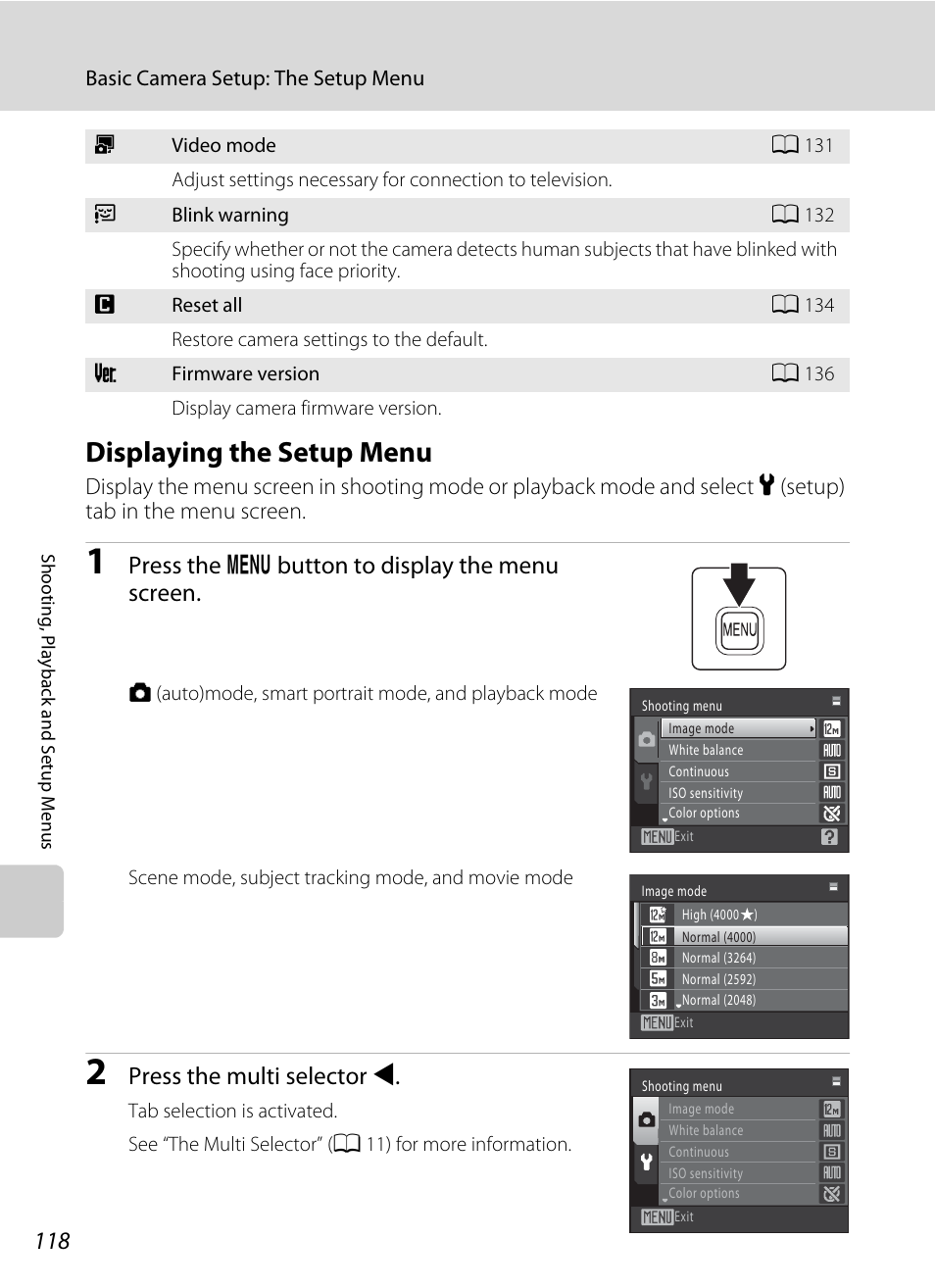 Displaying the setup menu, Press the d button to display the menu screen, Press the multi selector j | Nikon S1000pj User Manual | Page 130 / 184
