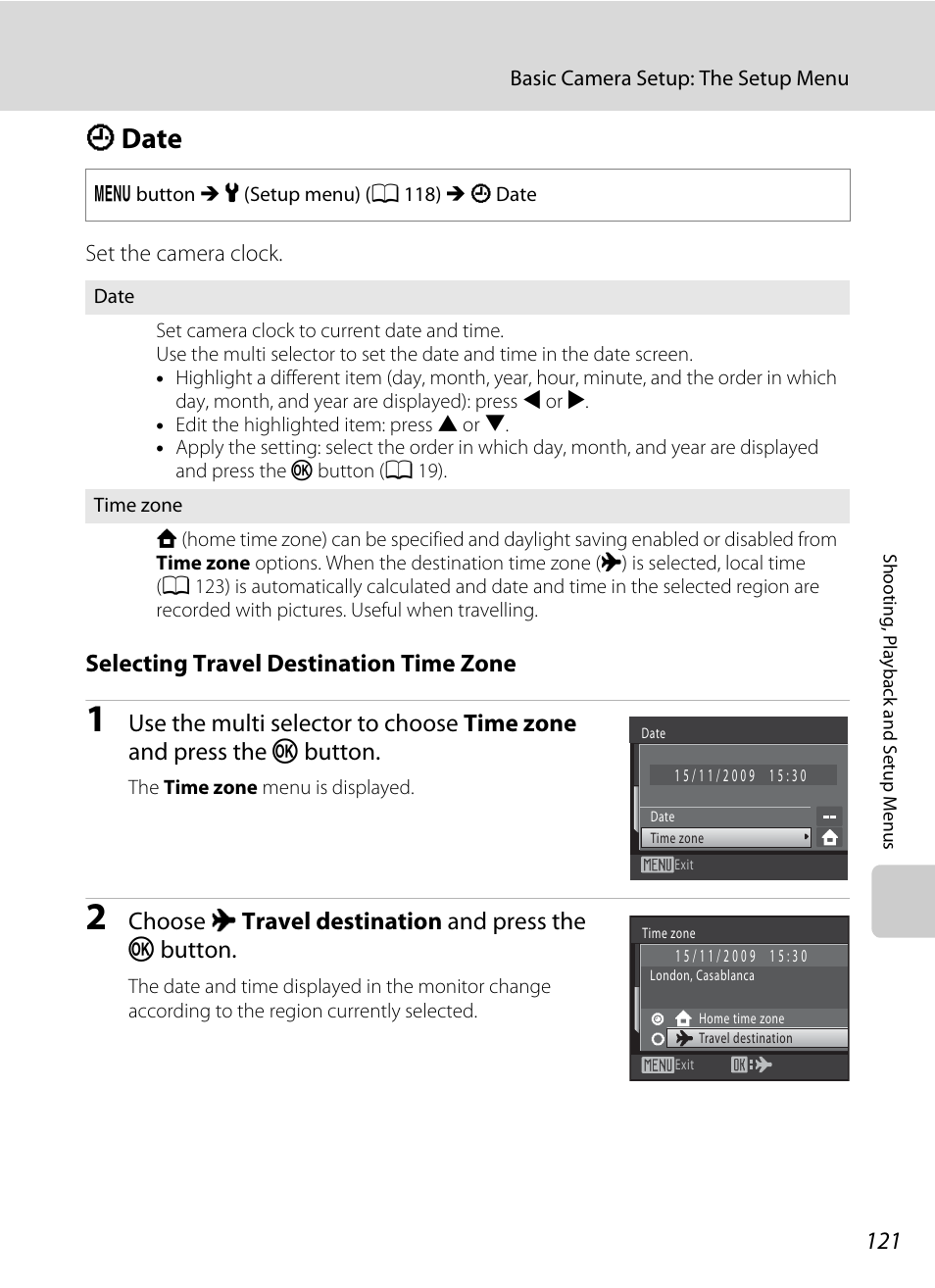 Date, D date, A 121) | A 121, Ddate, Selecting travel destination time zone, Choose x travel destination and press the k button | Nikon S1000pj User Manual | Page 133 / 184