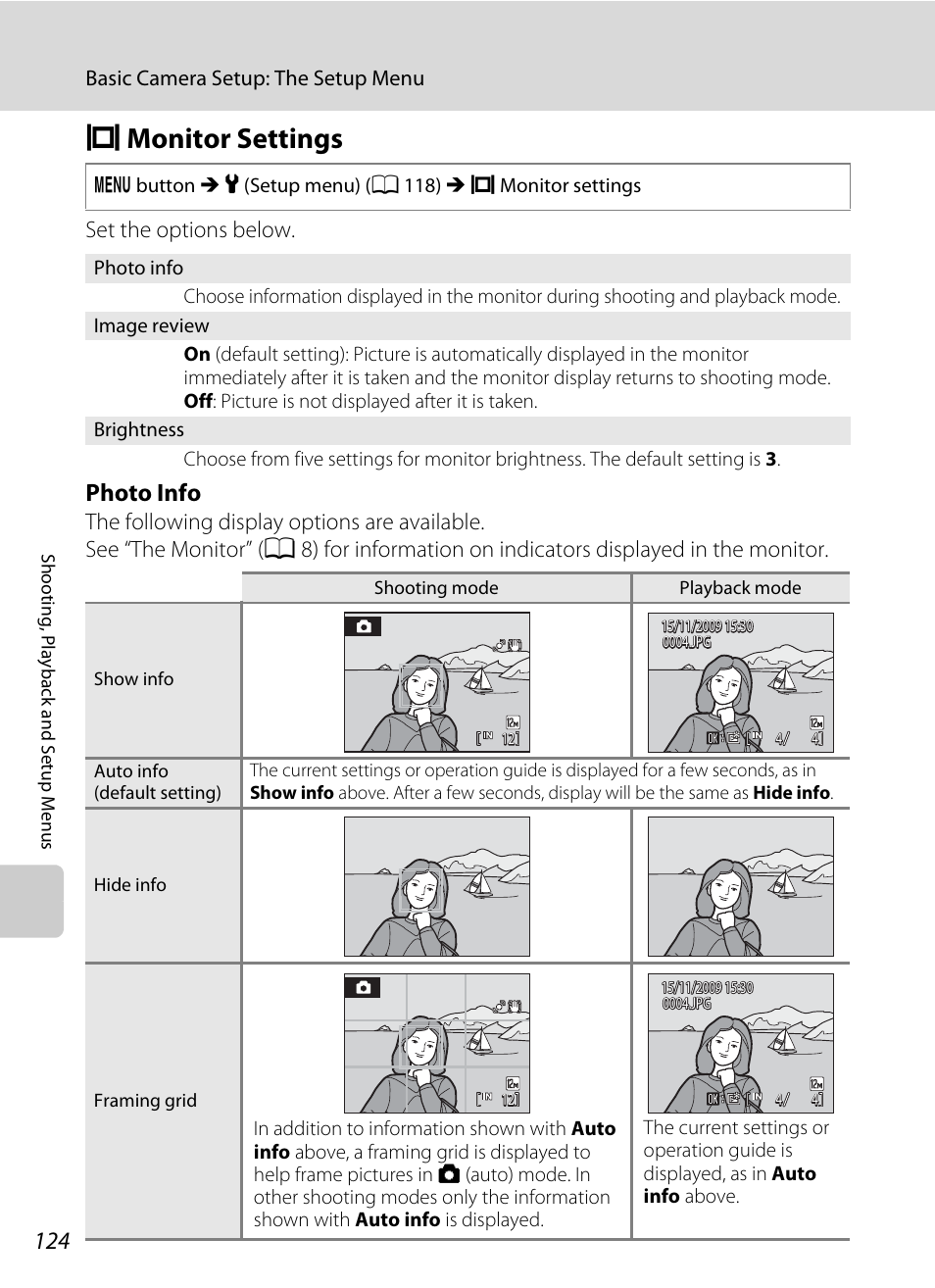 Monitor settings, E monitor settings, A 124) | Off after a few seconds, A 124, Emonitor settings, Photo info, Set the options below | Nikon S1000pj User Manual | Page 136 / 184