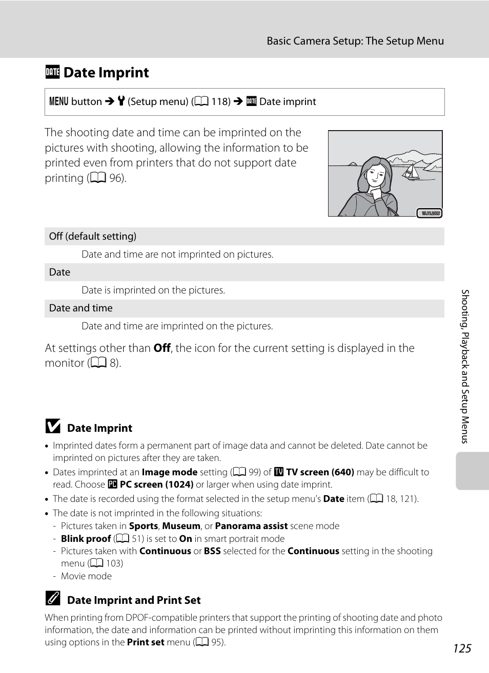 Date imprint, F date imprint, A 125) | A 125, Fdate imprint | Nikon S1000pj User Manual | Page 137 / 184