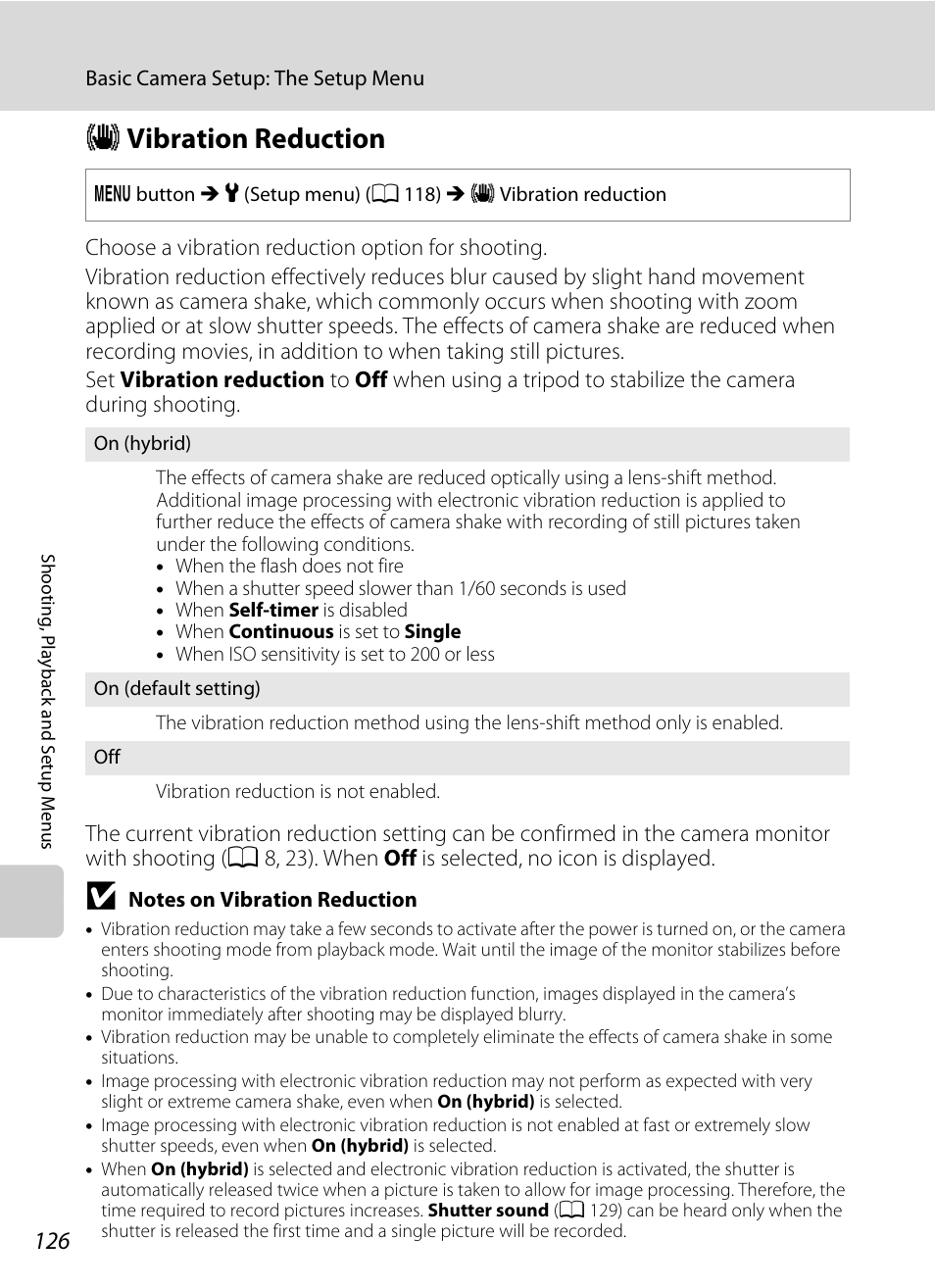 Vibration reduction, G vibration reduction, A 126) or | A 126), A 126) to, A 126) i, A 126) t, A 126, Gvibration reduction | Nikon S1000pj User Manual | Page 138 / 184