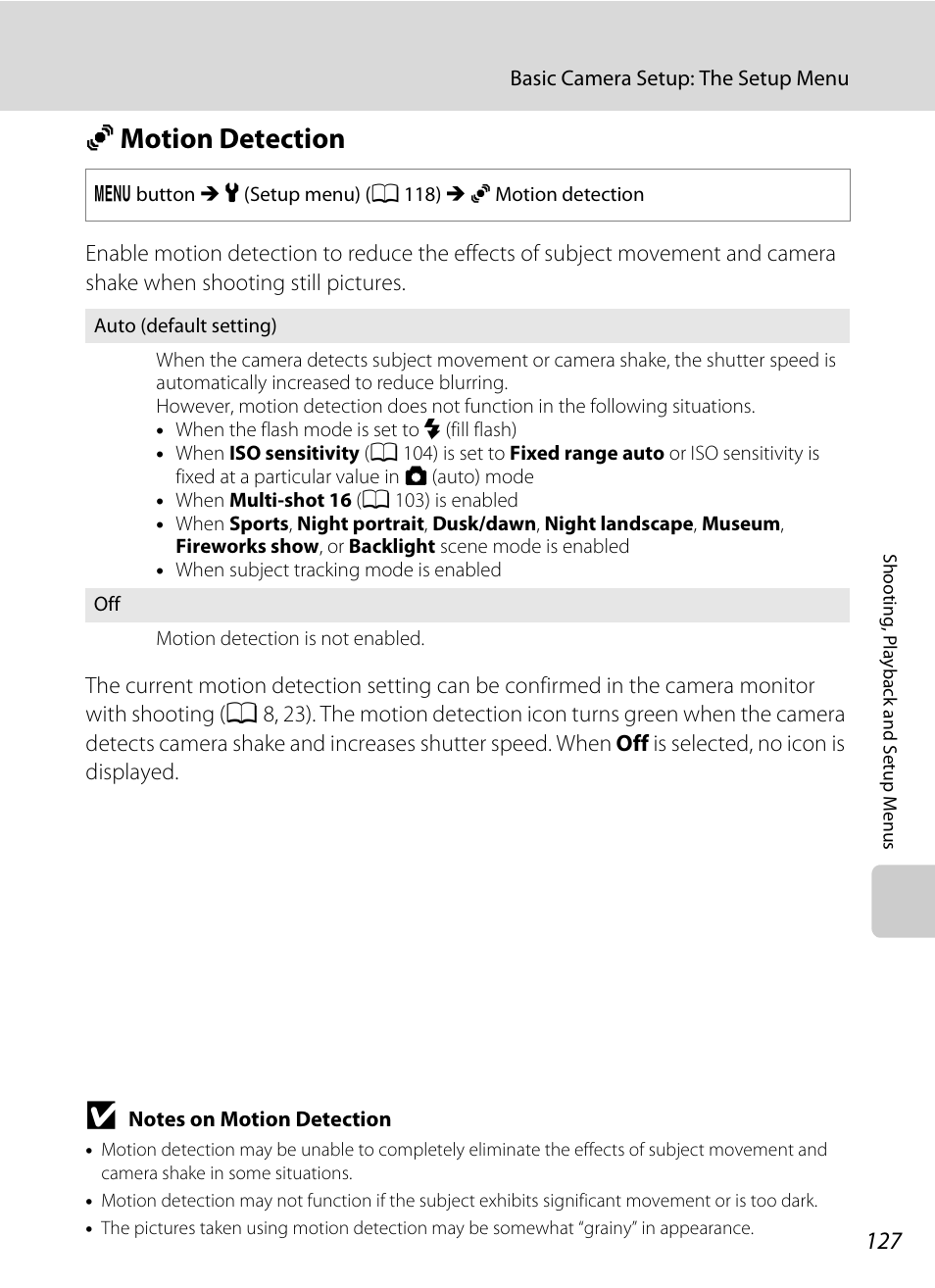 Motion detection, U motion detection, A 127) i | A 127) does not function when any, A 127), A 127, Umotion detection | Nikon S1000pj User Manual | Page 139 / 184