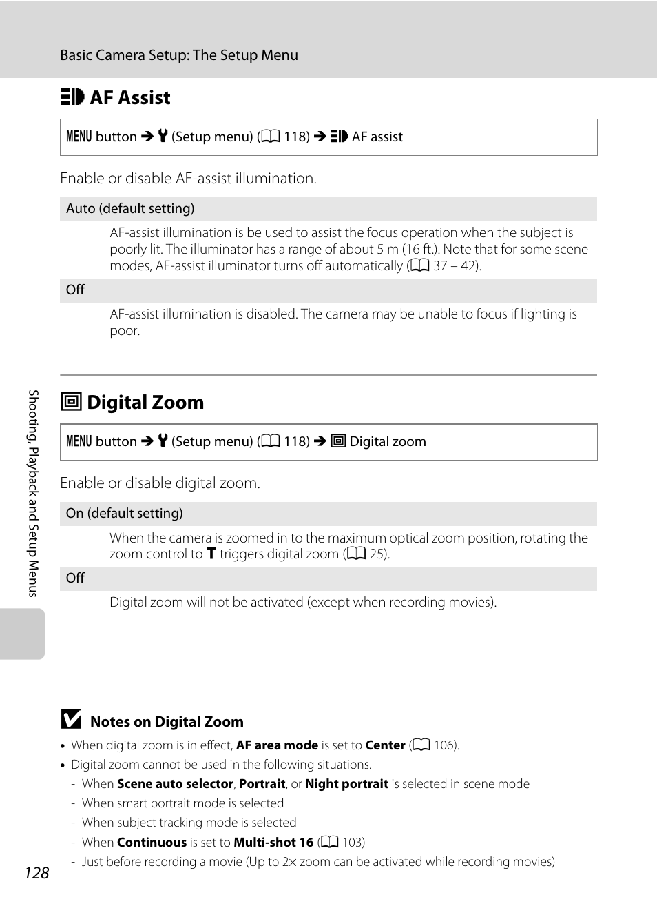 Af assist, Digital zoom, H af assist u digital zoom | A 128) may, A 128) does not, A 128, Haf assist, Udigital zoom | Nikon S1000pj User Manual | Page 140 / 184