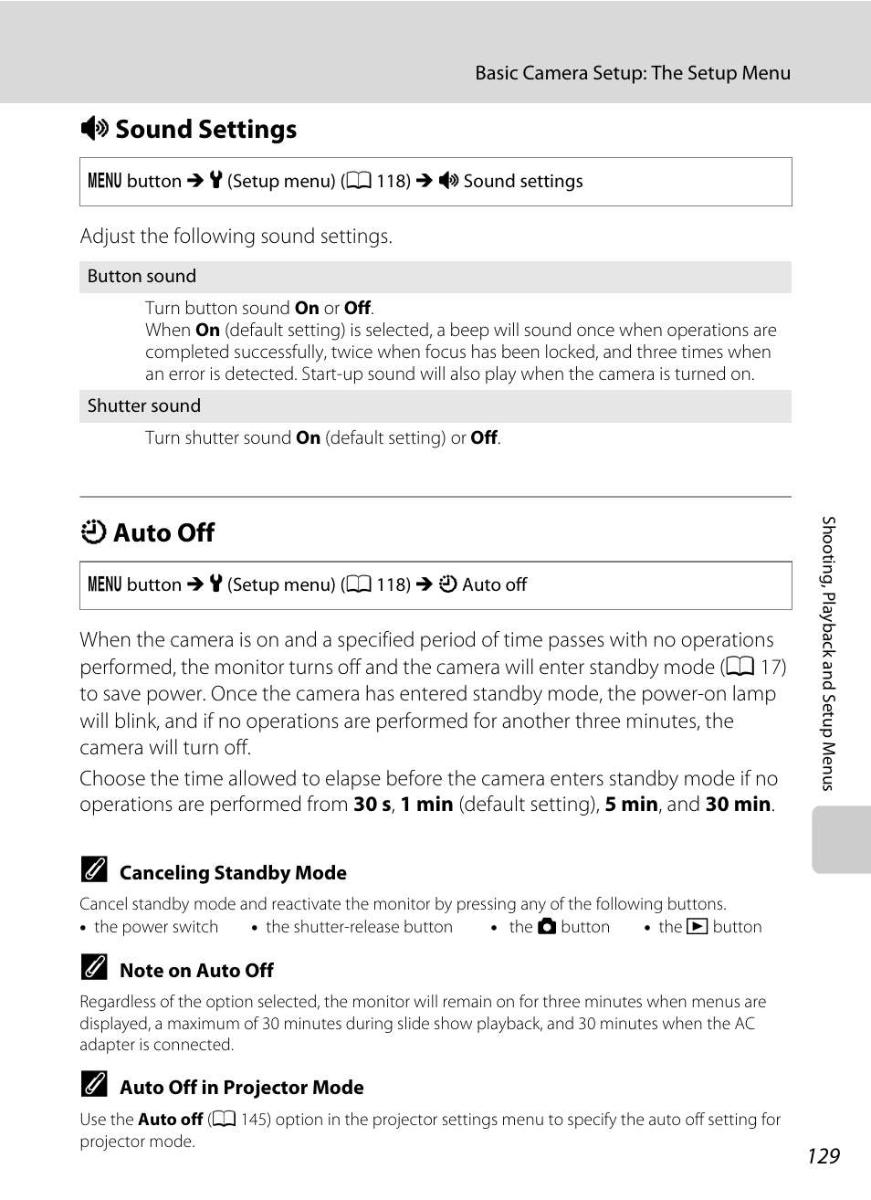 Sound settings, Auto off, I sound settings k auto off | A 129), A 129) in, A 129) i, A 129, Isound settings, Kauto off | Nikon S1000pj User Manual | Page 141 / 184