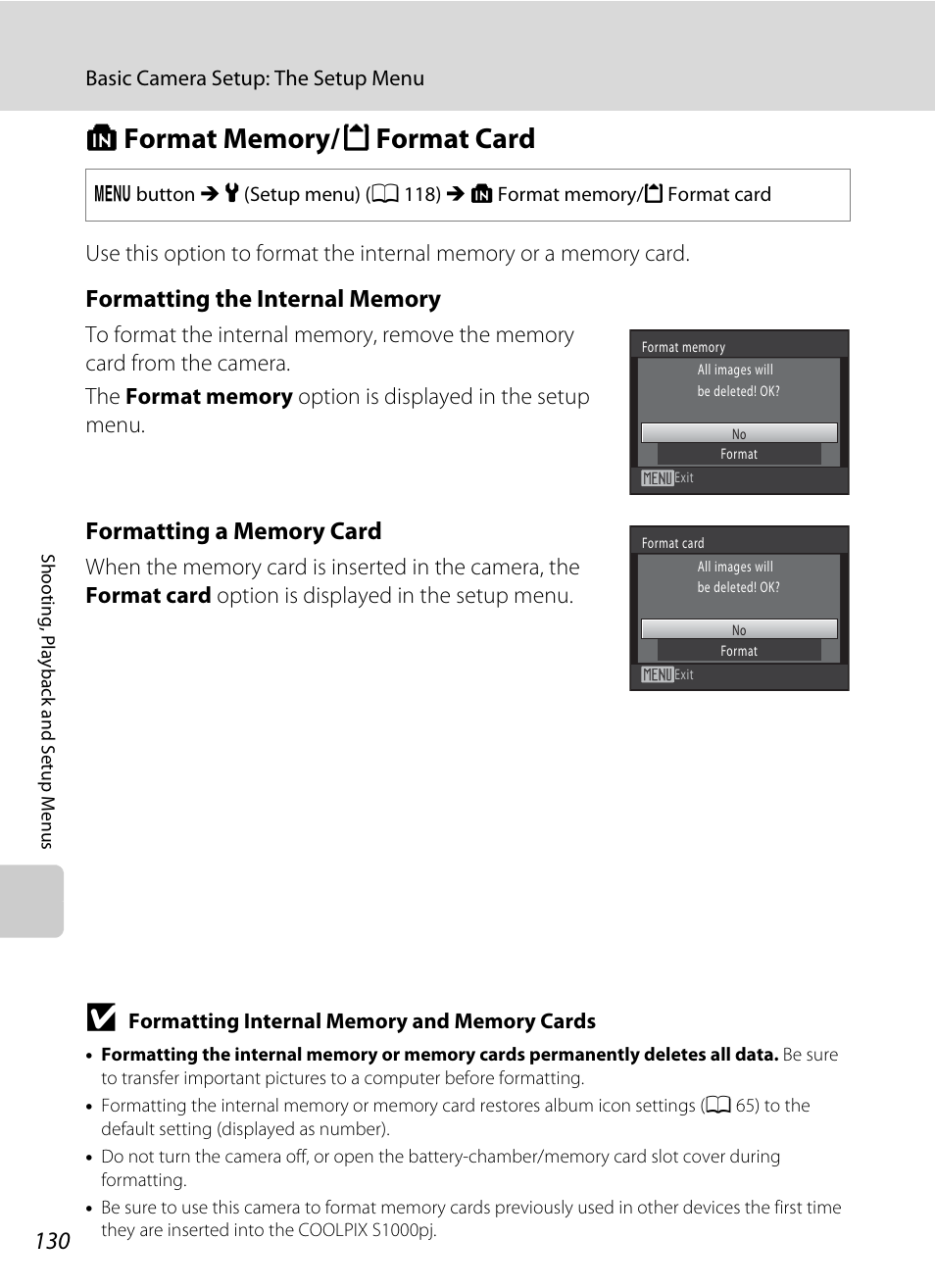 Format memory/ format card, L format memory/m format card, A 130 | Nikon S1000pj User Manual | Page 142 / 184