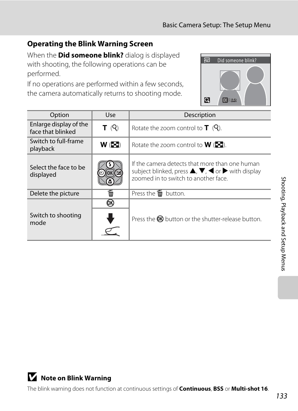 Operating the blink warning screen, A 133) for | Nikon S1000pj User Manual | Page 145 / 184