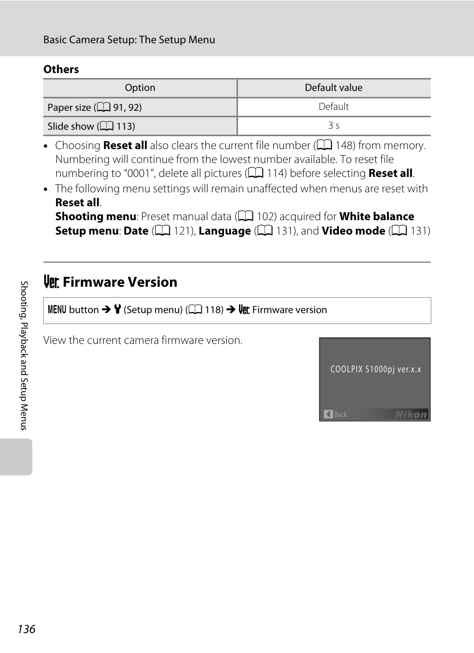 Firmware version, R firmware version, A 136 | Rfirmware version | Nikon S1000pj User Manual | Page 148 / 184