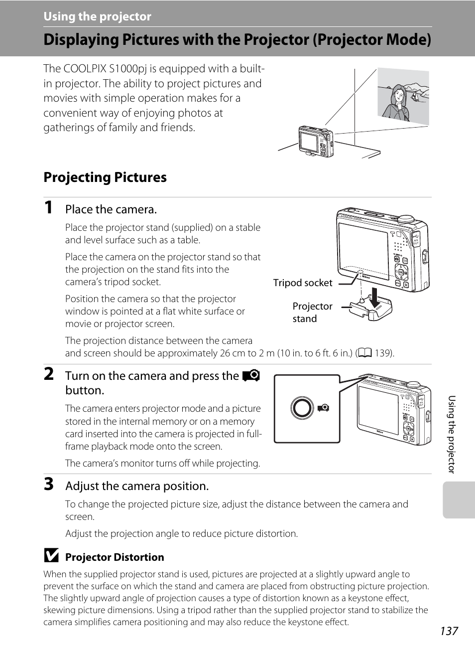 Using the projector, Projecting pictures, P using the projector | A 137), A 137), “pro | Nikon S1000pj User Manual | Page 149 / 184