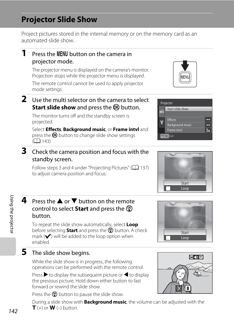 Projector slide show, Jector slide show” (a 142) | Nikon S1000pj User Manual | Page 154 / 184